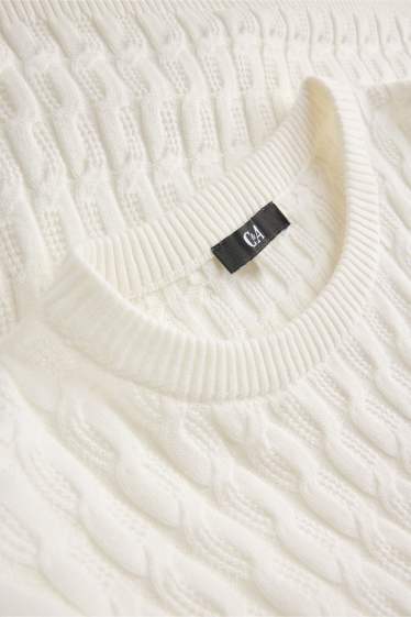 Damen - Strickpullover - kurzarm - Zopfmuster - weiß