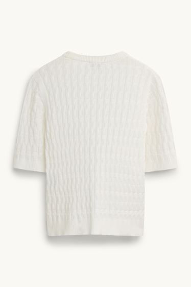 Damen - Strickpullover - kurzarm - Zopfmuster - weiß
