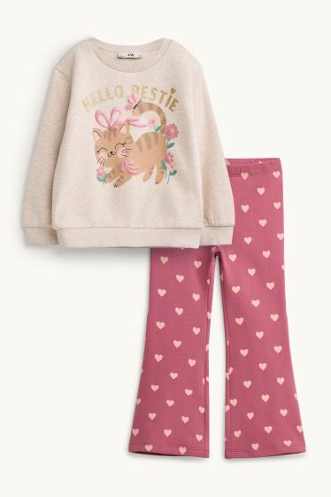 Kinder Mädchen - Katze - Set - Sweatshirt und Flared Leggings - Glanz-Effekt - 2 teilig - rosa / beige