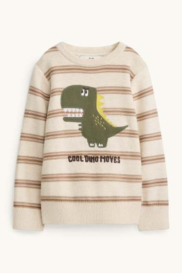 Děti - chlapci - Dinosaurus - svetr - pruhovaný - béžová