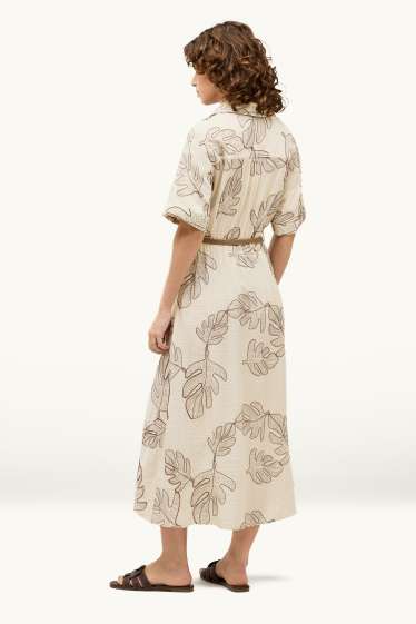 Donna - Vestito con scollo a V e cintura - fantasia - beige