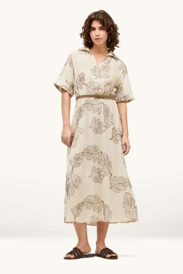 Donna - Vestito con scollo a V e cintura - fantasia - beige
