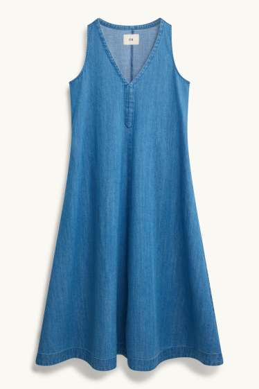 Women - Denim dress with V-neck - blue denim