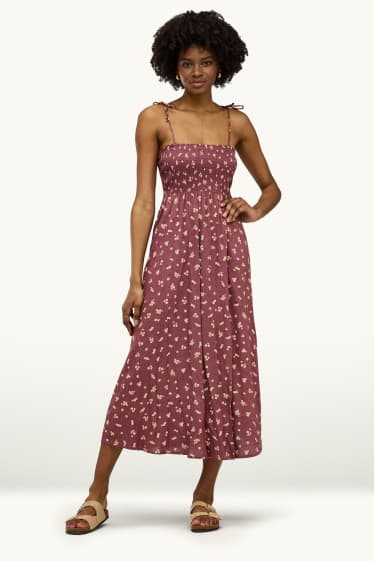 Femei - Rochie fit & flare - cu flori - cu fronseuri - vișiniu
