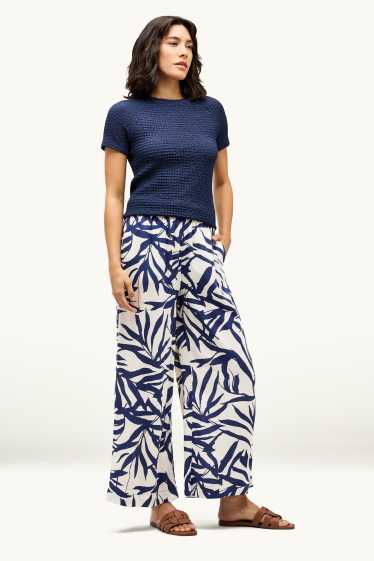 Dona - Pantalons de tela - high waist - wide leg - amb motiu - blau/blanc