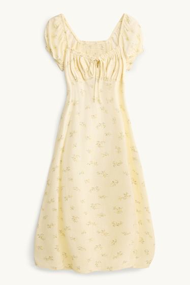 Femmes - Robe à fente - à fleurs - smockée - jaune