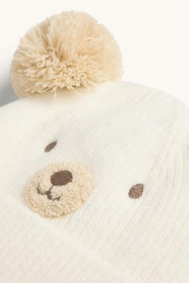 Baby Mädchen - Bärchen - Baby-Bommelmütze - gerippt - cremeweiß