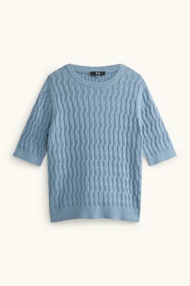 Dames - Gebreide trui - korte mouwen - kabelpatroon - blauw