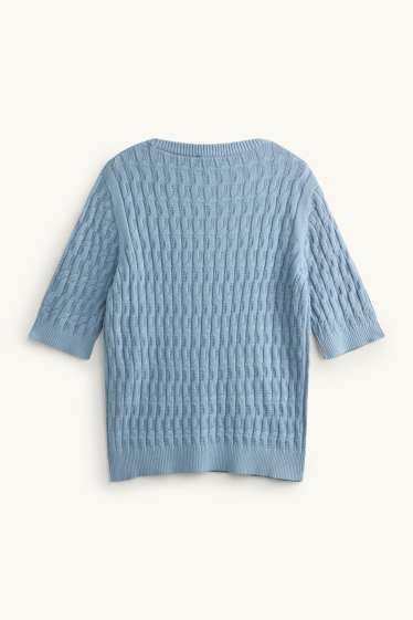 Dames - Gebreide trui - korte mouwen - kabelpatroon - blauw