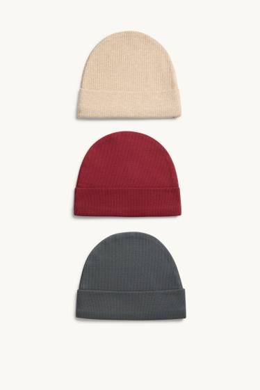 Baby: jongens - Set van 3 - babymuts - ribstof - rood / beige