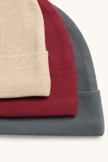 Baby: jongens - Set van 3 - babymuts - ribstof - rood / beige