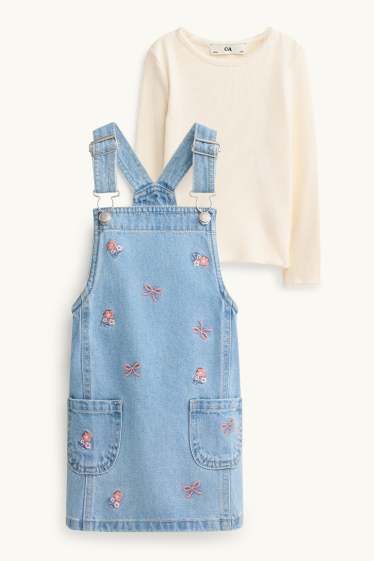 Kinderen: meisjes - Strik en bloem - set - longsleeve en denim overgooier - 2 delig - jeansblauw