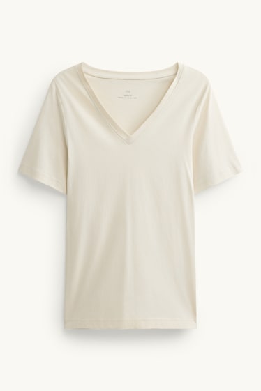 Dames - T-shirt met V-hals - regular fit - crèmekleurig