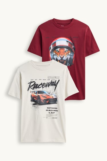 Kinderen: jongens - Set van 2 - racewagen en tijger - T-shirt - crème wit