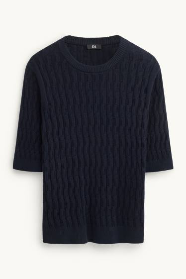 Damen - Strickpullover - kurzarm - Zopfmuster - dunkelblau
