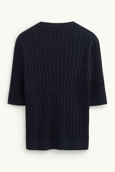 Damen - Strickpullover - kurzarm - Zopfmuster - dunkelblau
