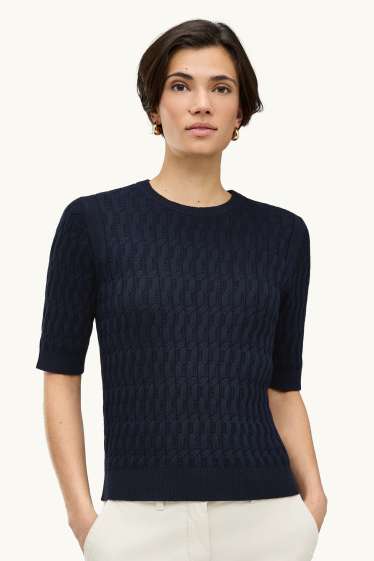 Damen - Strickpullover - kurzarm - Zopfmuster - dunkelblau