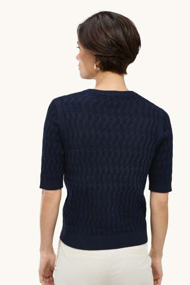 Damen - Strickpullover - kurzarm - Zopfmuster - dunkelblau