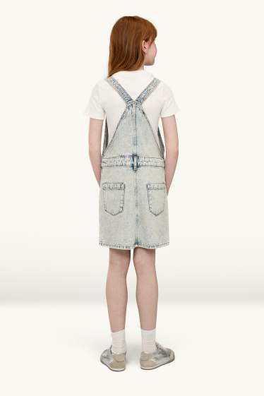 Enfants filles - Ensemble - T-shirt et robe-salopette en jean - 2 pièces - blanc / bleu clair