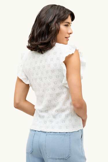 Femmes - T-shirt - regular fit - broderie anglaise - blanc