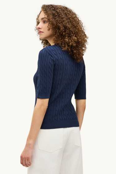 Dames - Gebreide trui - korte mouwen - kabelpatroon - blauw