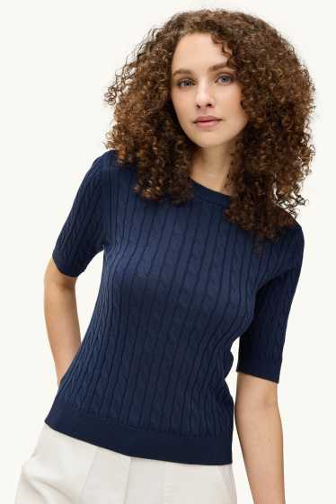 Dames - Gebreide trui - korte mouwen - kabelpatroon - blauw