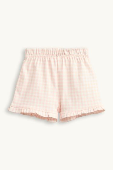 Baby: meisjes - Bloemetje - babypyjama - 2-delig - geruit - roze