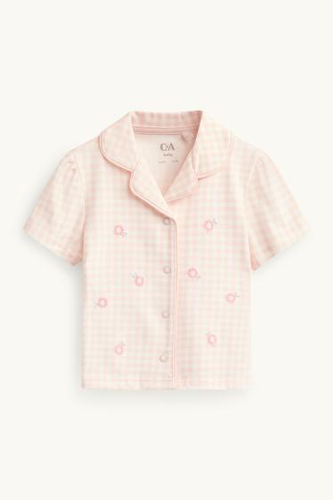 Baby: meisjes - Bloemetje - babypyjama - 2-delig - geruit - roze