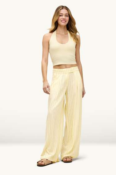 Dona - Pantalons de tela amb component de lli - mid waist - wide leg - groc