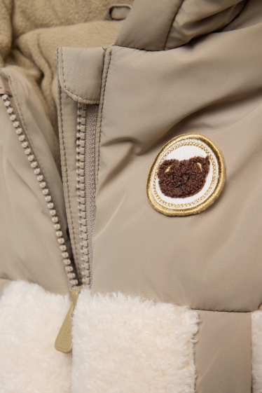 Baby: jongens - Beertje - babyjas van teddystof, met capuchon - gevoerd - beige