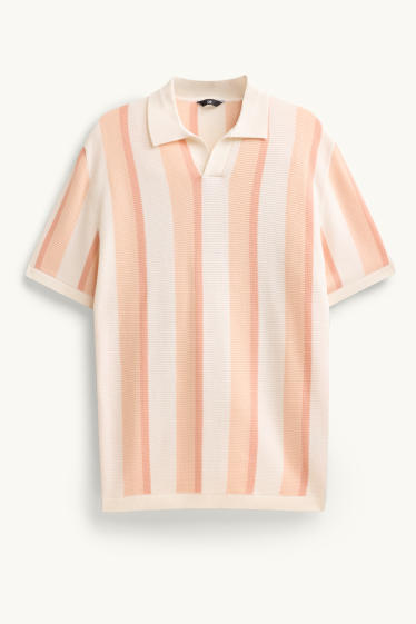 Heren - Gebreid poloshirt - regular fit - gestreept - met structuur - oranje