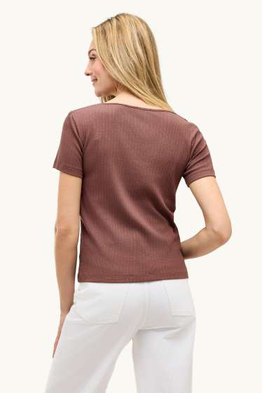 Dames - T-shirt met V-hals - geribd - bruin