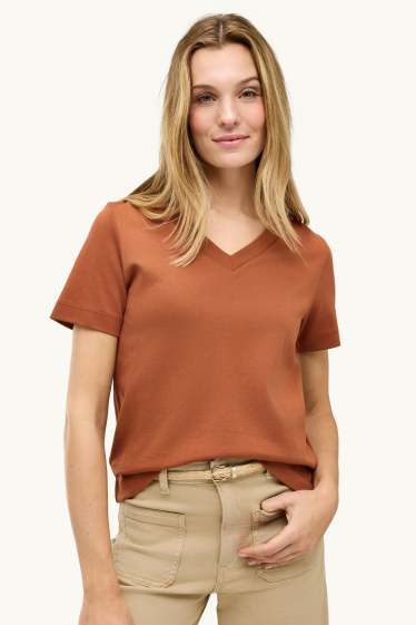 Dames - T-shirt met V-hals - slim fit - bruin