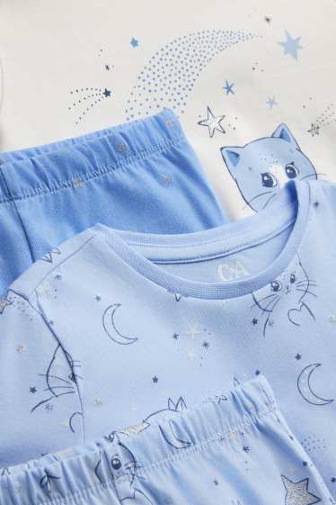 Enfants filles - Lot de 2 - chat, lune et étoiles - pyjama - effet brillant - 4 pièces - bleu