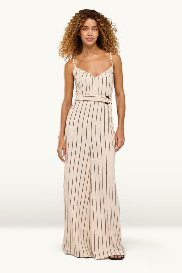 Femmes - Combinaison avec ceinture - fines rayures - beige