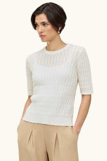 Damen - Strickpullover - kurzarm - Zopfmuster - weiß
