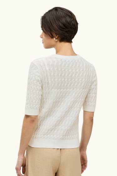 Damen - Strickpullover - kurzarm - Zopfmuster - weiß