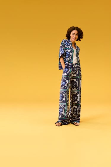 Femmes - Pantalon en toile - high waist - wide leg - à motif - bleu foncé