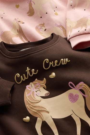 Bambine - Confezione da 2 - pony - felpa - effetto brillante - marrone / rosa
