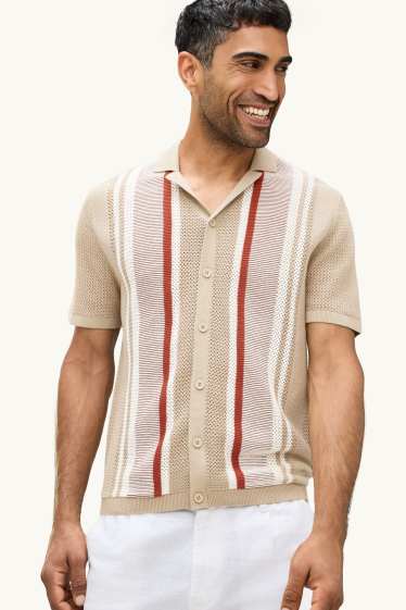 Herren - Strick-Hemd - Relaxed Fit - Reverskragen - gestreift - beige