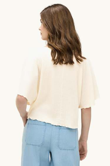Damen - T-Shirt - Regular Fit - gesmokt - cremefarben