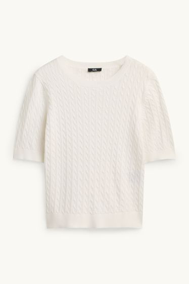Damen - Strickpullover - kurzarm - Zopfmuster - cremeweiss