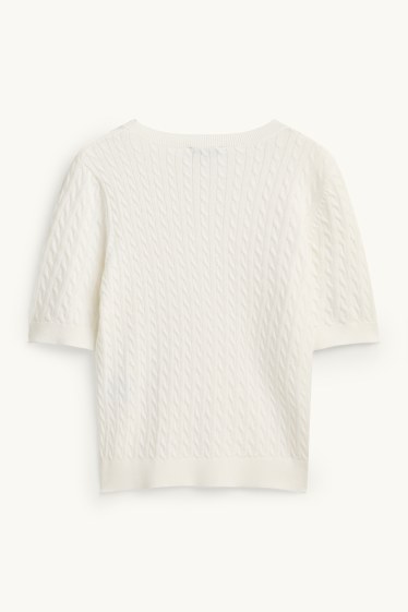 Damen - Strickpullover - kurzarm - Zopfmuster - cremeweiss