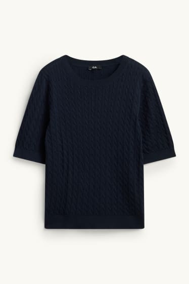 Damen - Strickpullover - kurzarm - Zopfmuster - dunkelblau