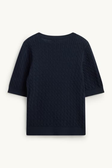 Damen - Strickpullover - kurzarm - Zopfmuster - dunkelblau