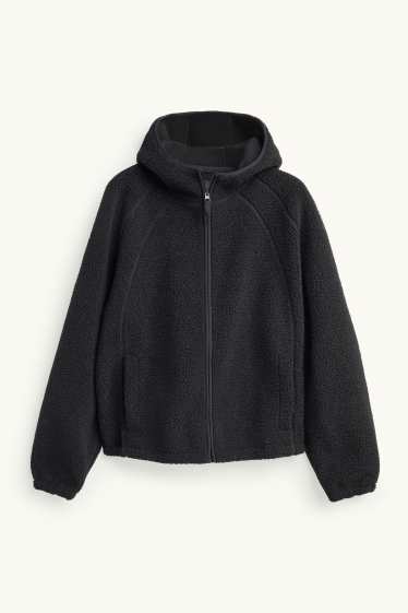 Men - Teddy fur jacket with hood - black