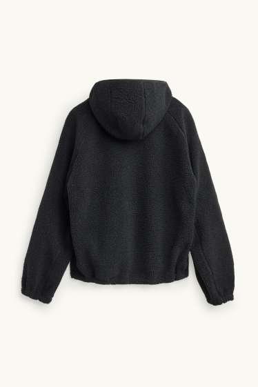 Men - Teddy fur jacket with hood - black