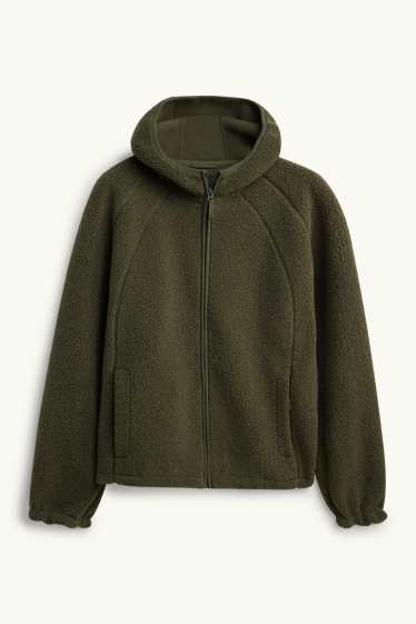 Men - Teddy fur jacket with hood - dark green