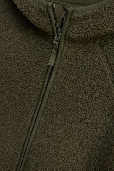 Men - Teddy fur jacket with hood - dark green