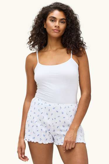 Femmes - Lot de 2 - Pyjashorts en Pointelle - motif floral - blanc / bleu clair